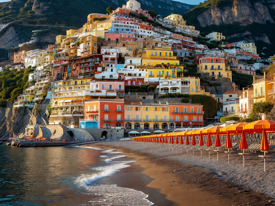 Colorful cliffside houses and orange umbrellas lining the beach in Positano