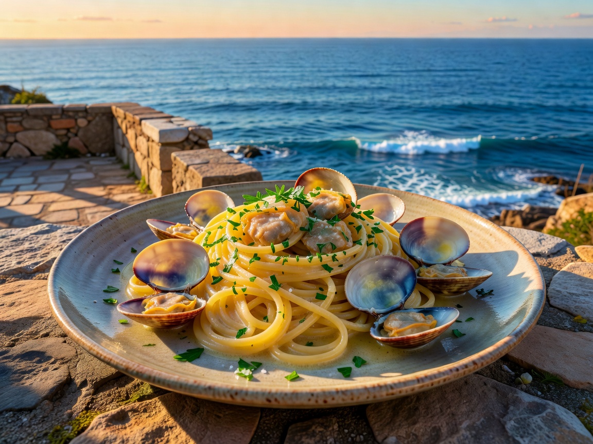 Fresh artisan seafood pasta with clams and fresh parsley on coastal terrace overlooking blue sea