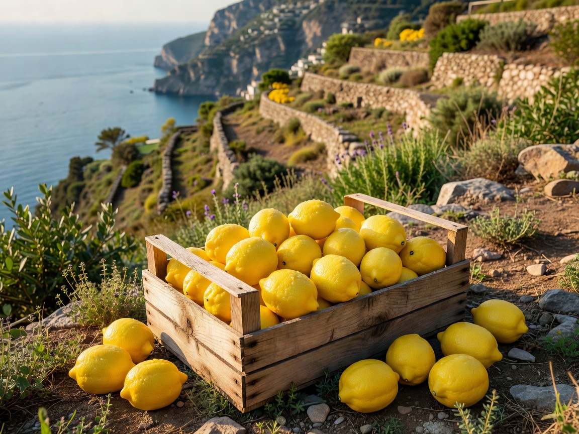 Freshly harvested bright yellow Sfusato Amalfitano lemons in a wooden rustic crate on hillside