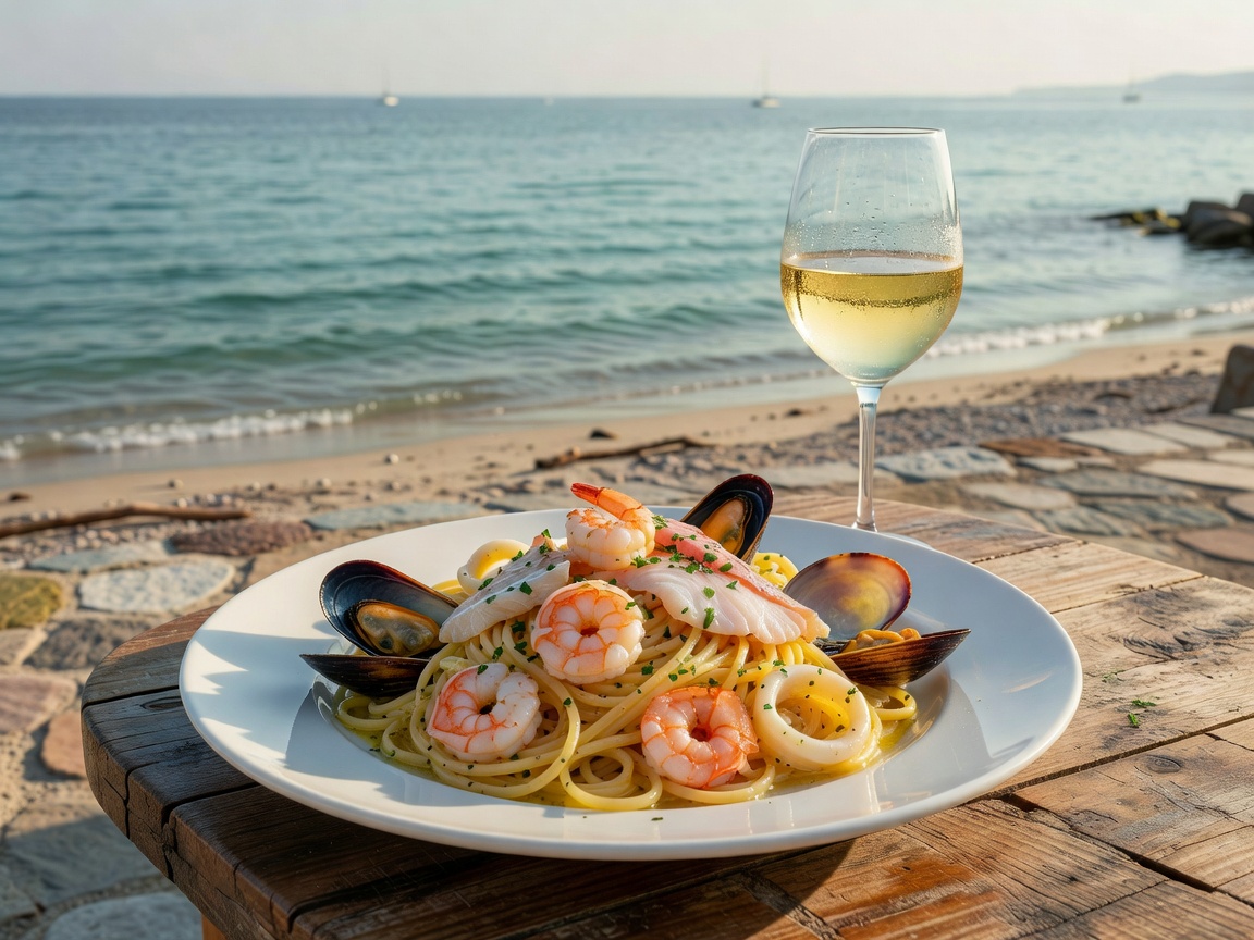 Freshly prepared Italian seafood pasta served with white wine on seaside table