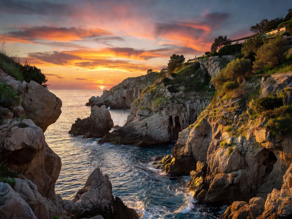 Mediterranean sunset over rocky Italian coastal cliffs