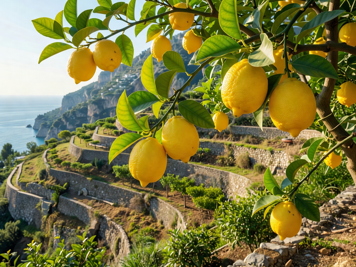 Ripe yellow Amalfi lemons hanging on verdant tree branches on terraced farm
