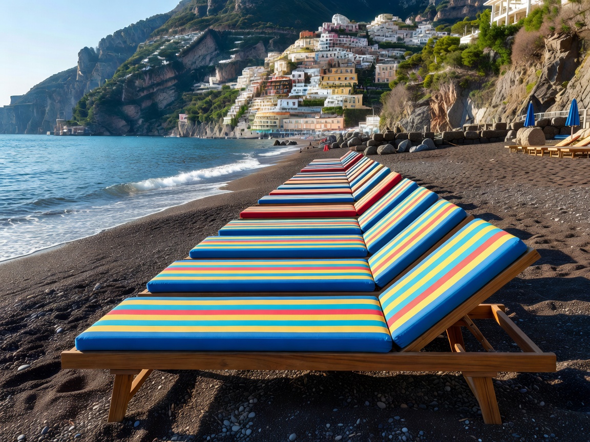 Row of vibrant striped beach sunbeds on volcanic pebbles in Positano beach club