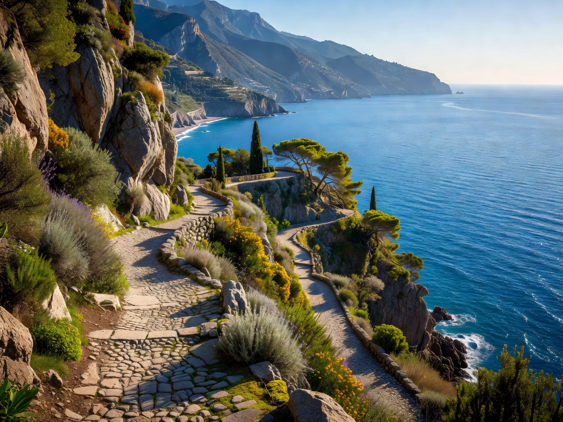 Scenic mountain path overlooking the azure sea along the Amalfi Coast