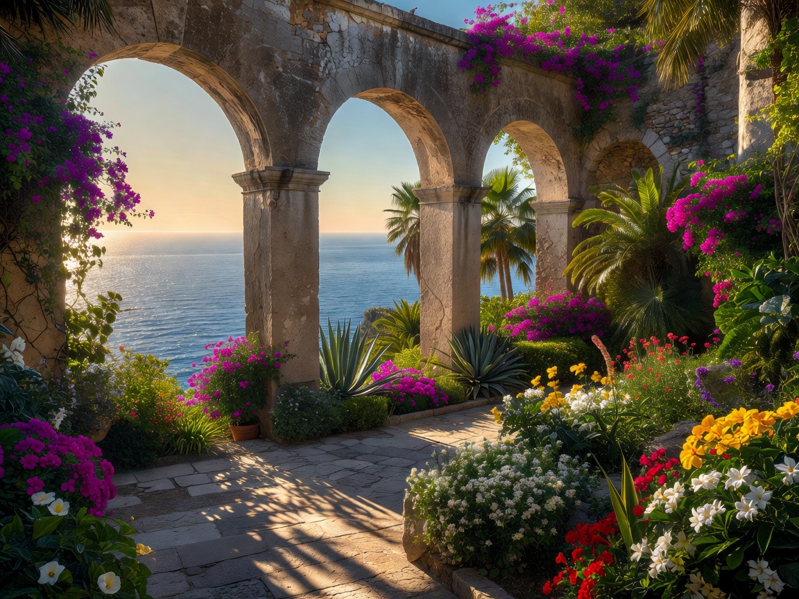 Spectacular stone arches and lush exotic garden overlooking the sea in Villa Rufolo Ravello
