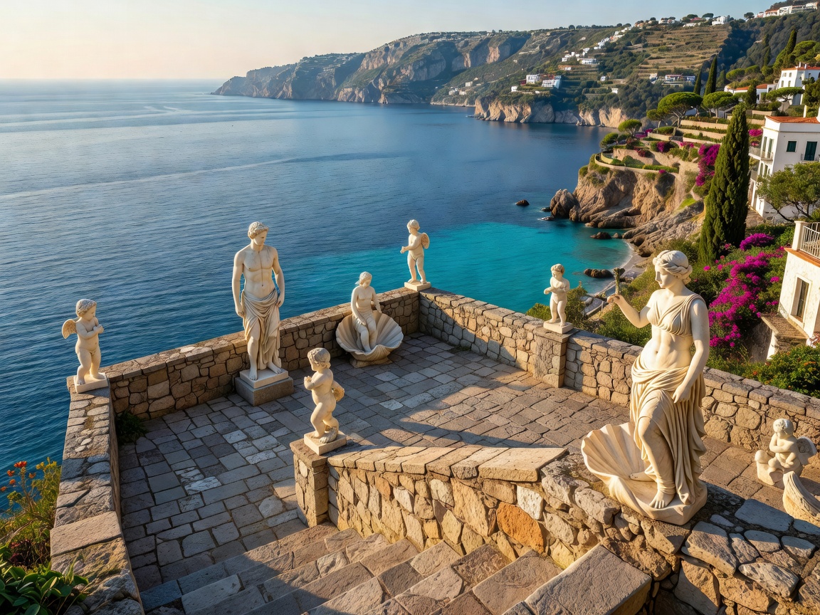 Terraced stone balcony and marble statues overlooking the Mediterranean in Ravello