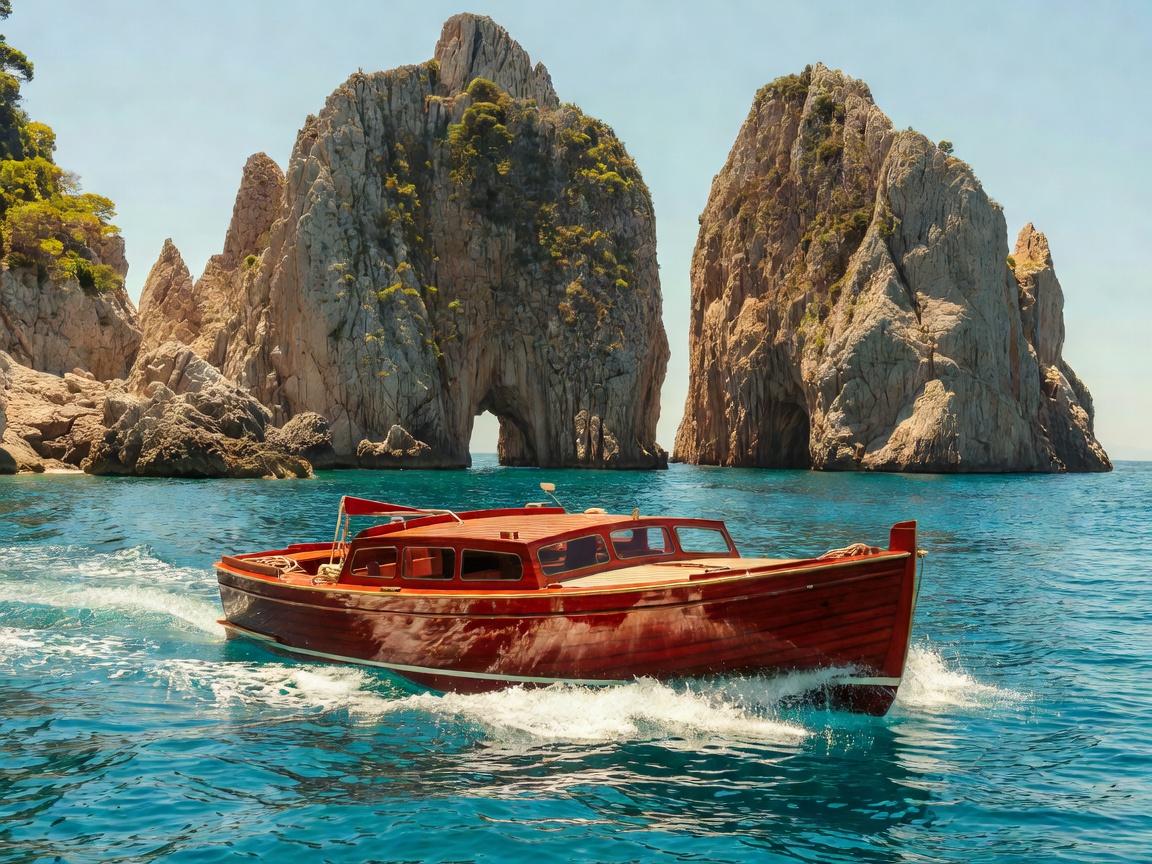 Traditional wooden mahogany deck boat navigating near tall sea stacks off the coast of Capri