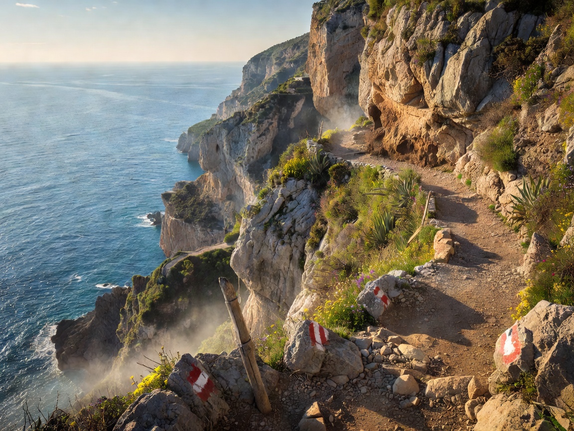 Trail markers and dramatic cliffs overlooking the sea along Il Sentiero degli Dei in Italy