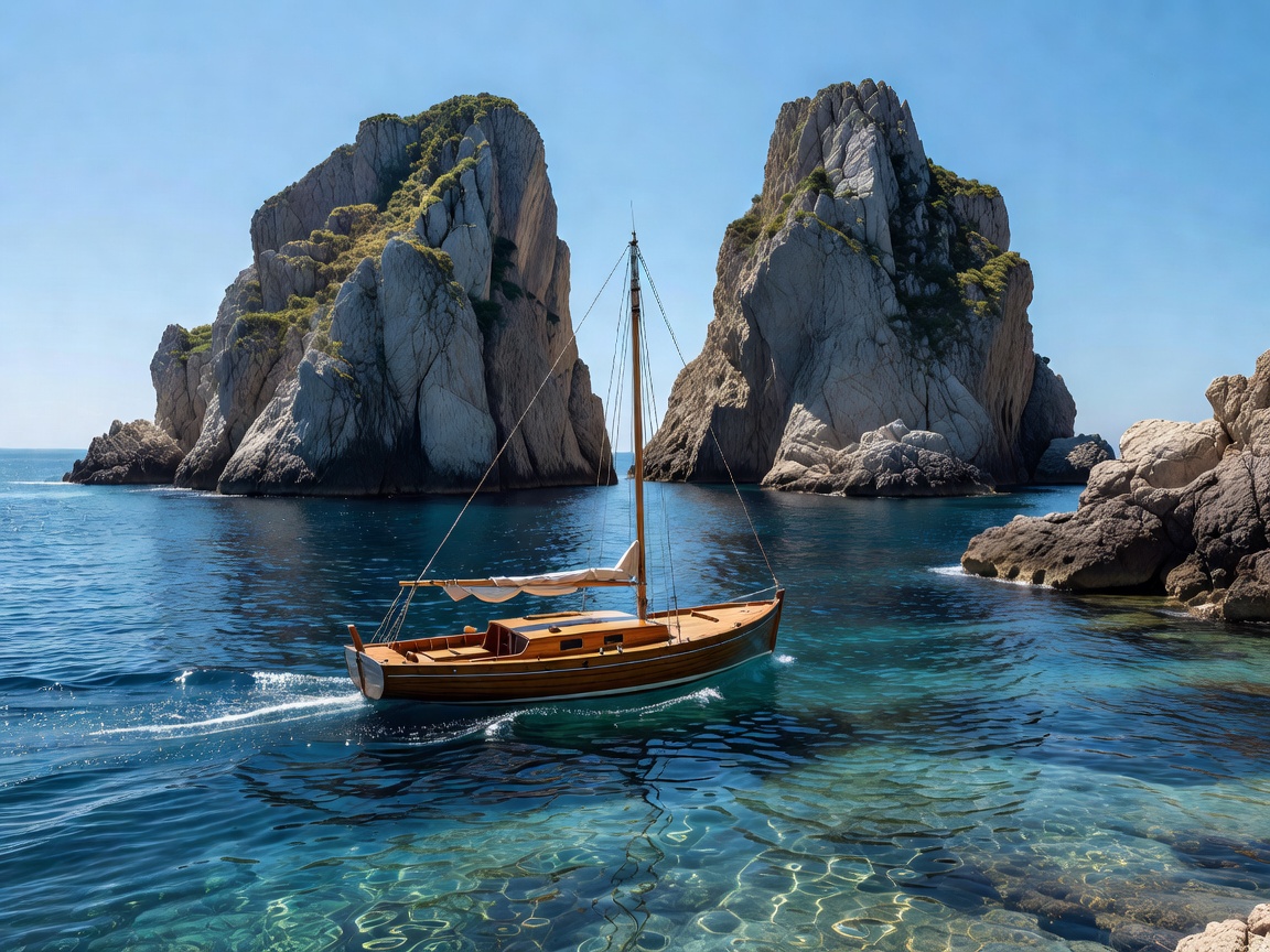 Wooden Italian gozzo boat sailing across crystal blue water near rock sea stacks